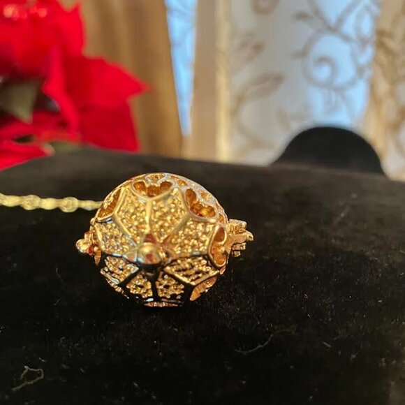 Handcrafted Gold-Tone Necklace "Gilded Cage-Balloon" w/Ruby-Red Beads 24"/26" - Picture 3 of 8